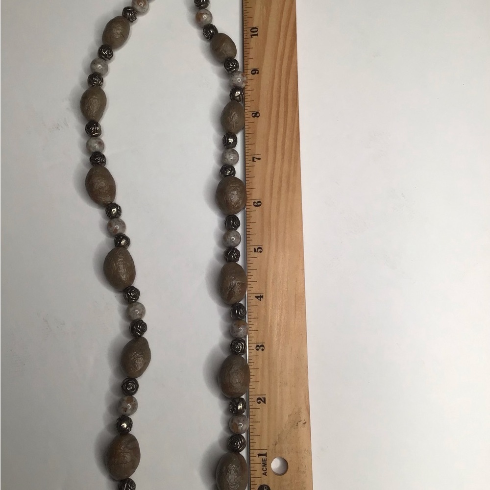 Women’s Long Necklace Tan Beige Silver - Picture 5 of 10